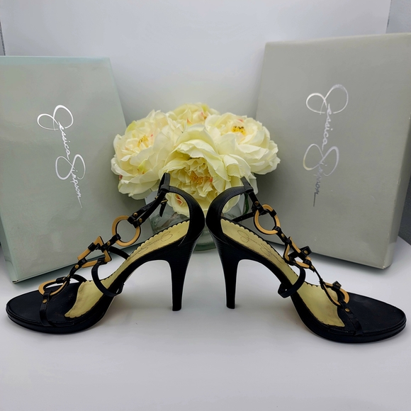 Jessica Simpson Y2K Leather Sexy Black and Gold Women's Sandals Heels Size 8.5 - Picture 2 of 7
